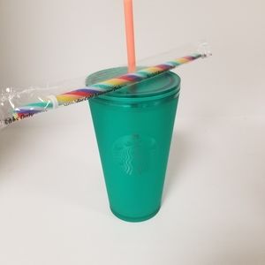 Starbucks frosted teal tumbler rainbow straw